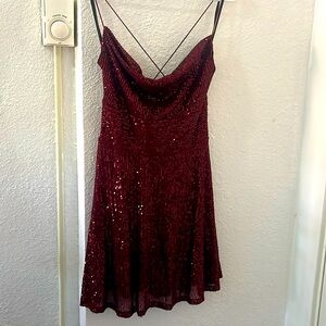 Windsor Red/Burgundy Cowl Neck Sequin Mini Dress